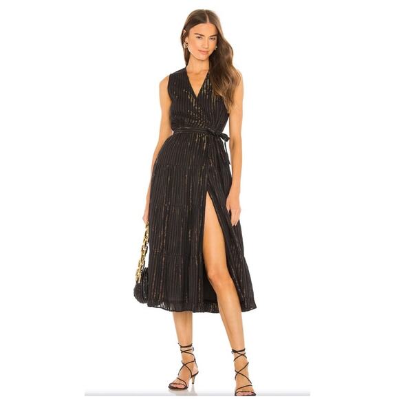 Karina Grimaldi Fannie black gold striped sleeveless wrap midi dress Small